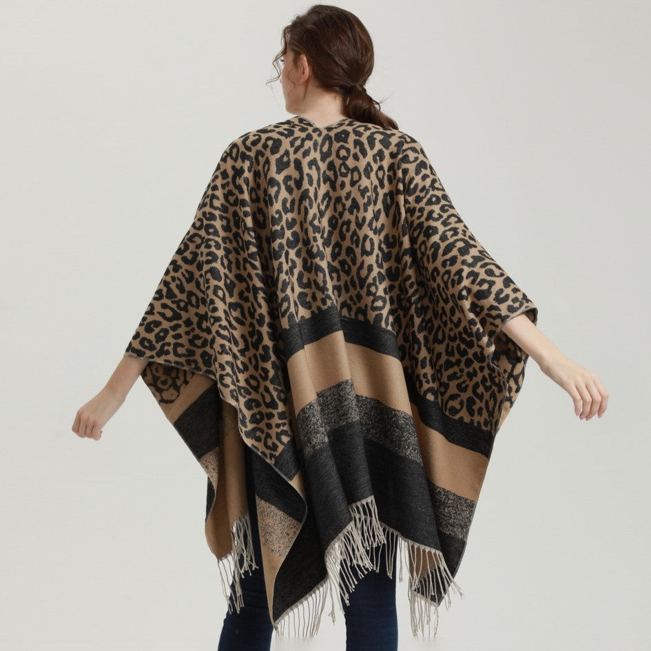 Leopard Print Fringed Border Wrap - BALCK - 4
