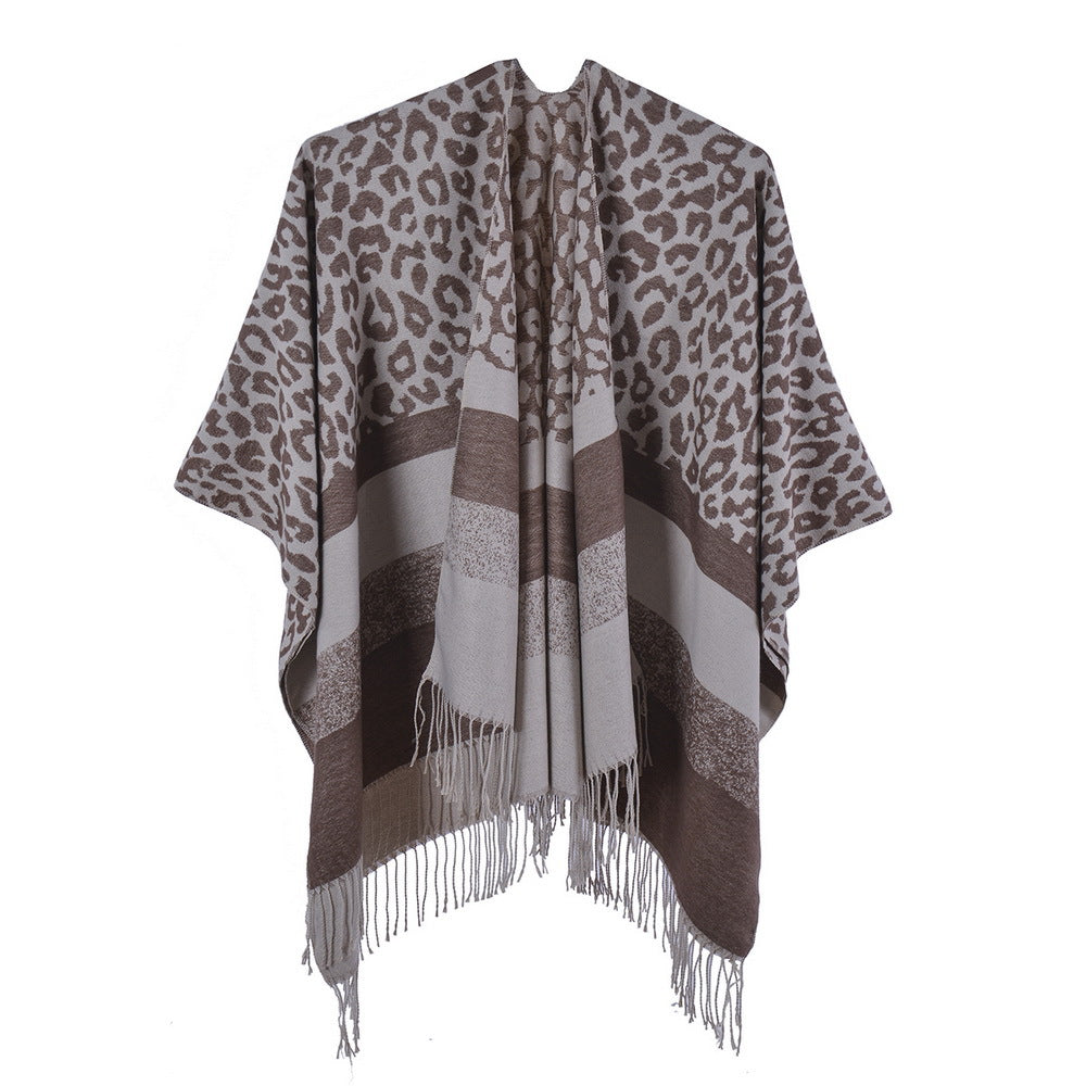 Leopard Print Fringed Border Wrap - COFFEE