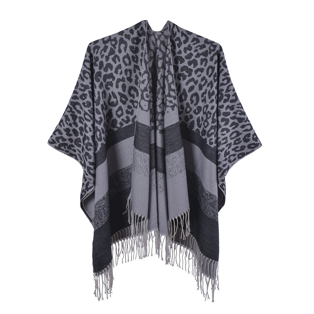 Leopard Print Fringed Border Wrap - GREY