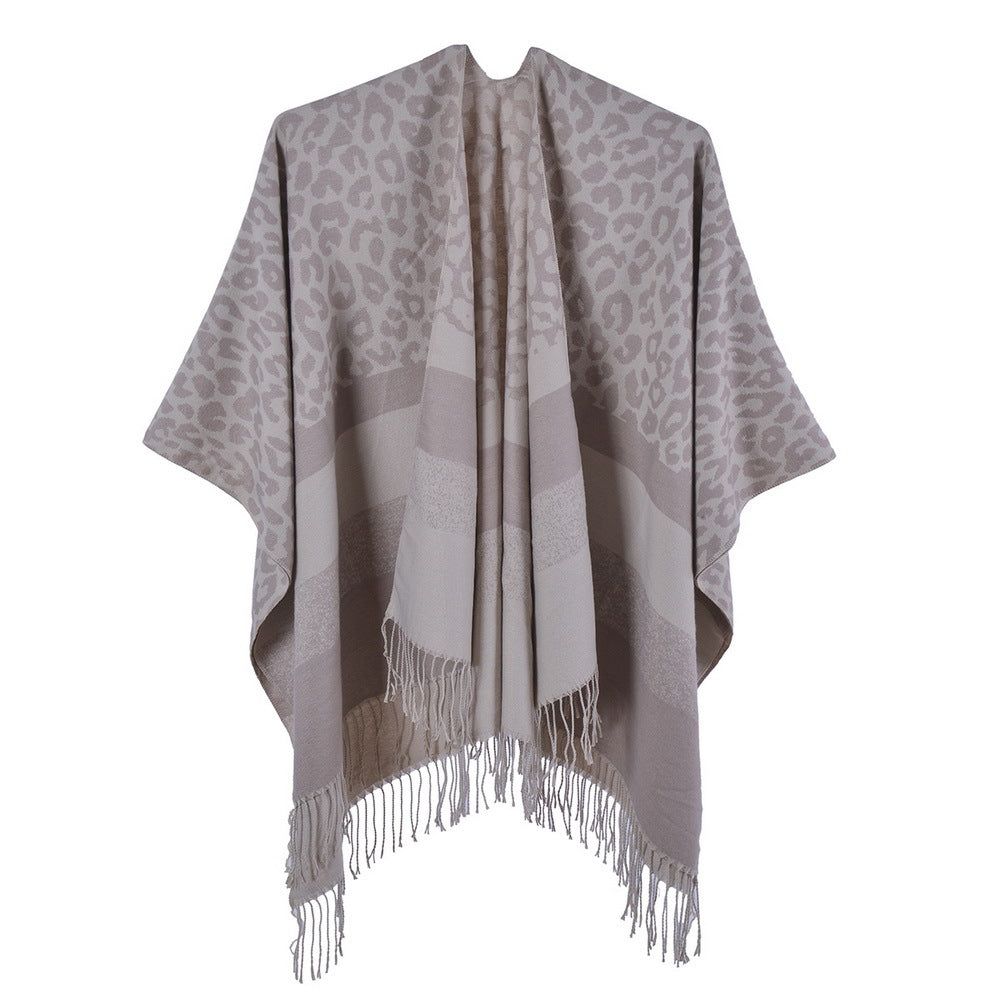 Leopard Print Fringed Border Wrap - KHAKI