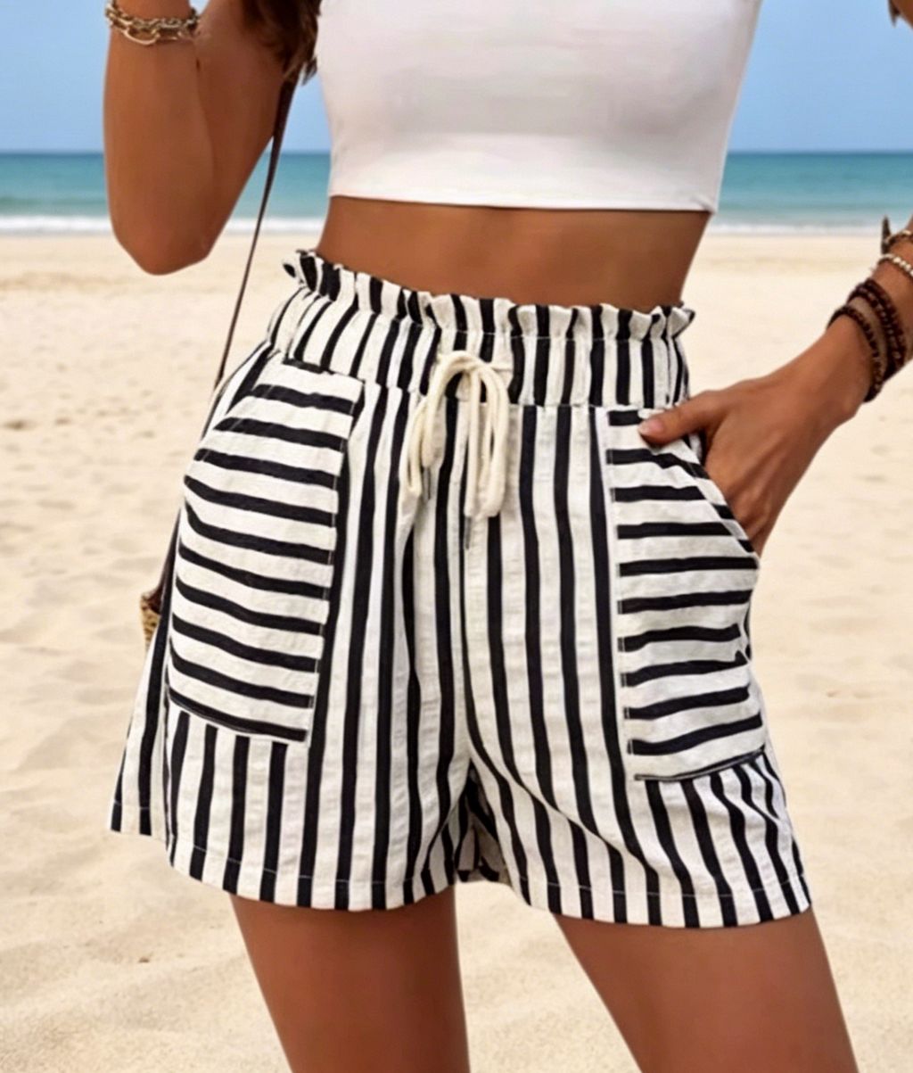 Vertical Stripe Shorts With Elastic Ruffle Waist - Black - 2
