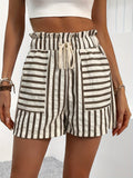 Vertical Stripe Shorts With Elastic Ruffle Waist - Khaki