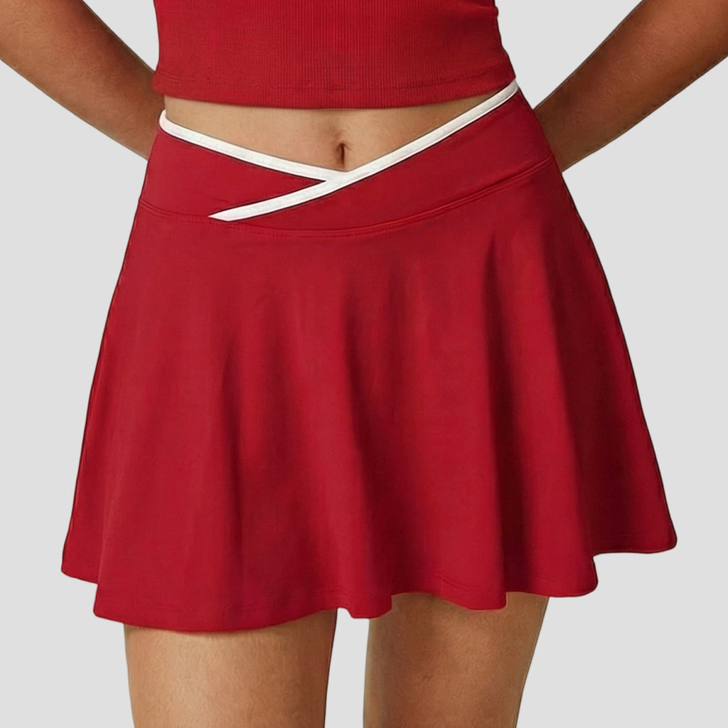 Crossover Waist Tennis Skirt With Pockets - Red