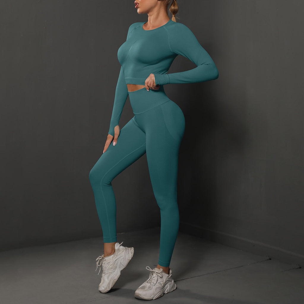 Seamless Long Sleeve Crop Top and Leggings Gym Set - Blue