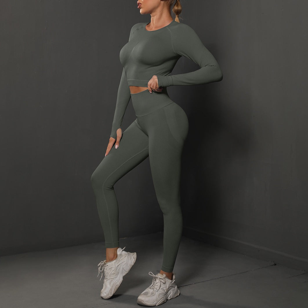 Seamless Long Sleeve Crop Top and Leggings Gym Set - Dark Gray