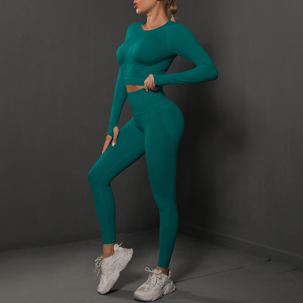 Seamless Long Sleeve Crop Top and Leggings Gym Set - Dark Green