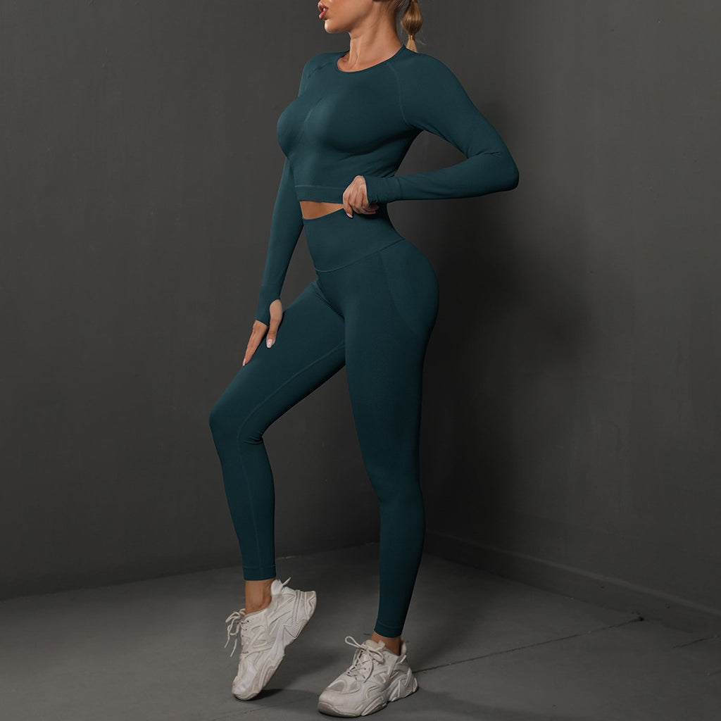 Seamless Long Sleeve Crop Top and Leggings Gym Set - Dark Teal