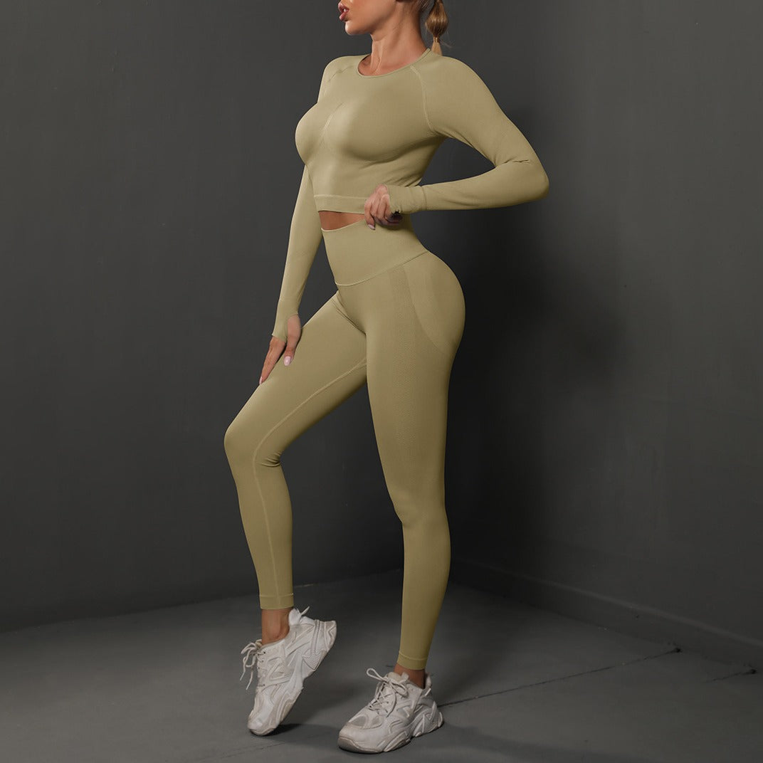 Seamless Long Sleeve Crop Top and Leggings Gym Set - Khaki