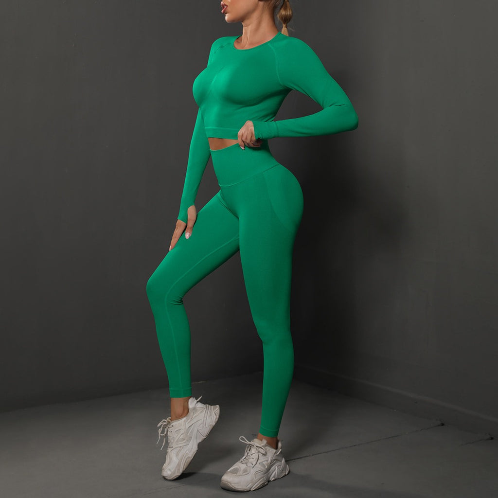 Seamless Long Sleeve Crop Top and Leggings Gym Set - Peacock Green