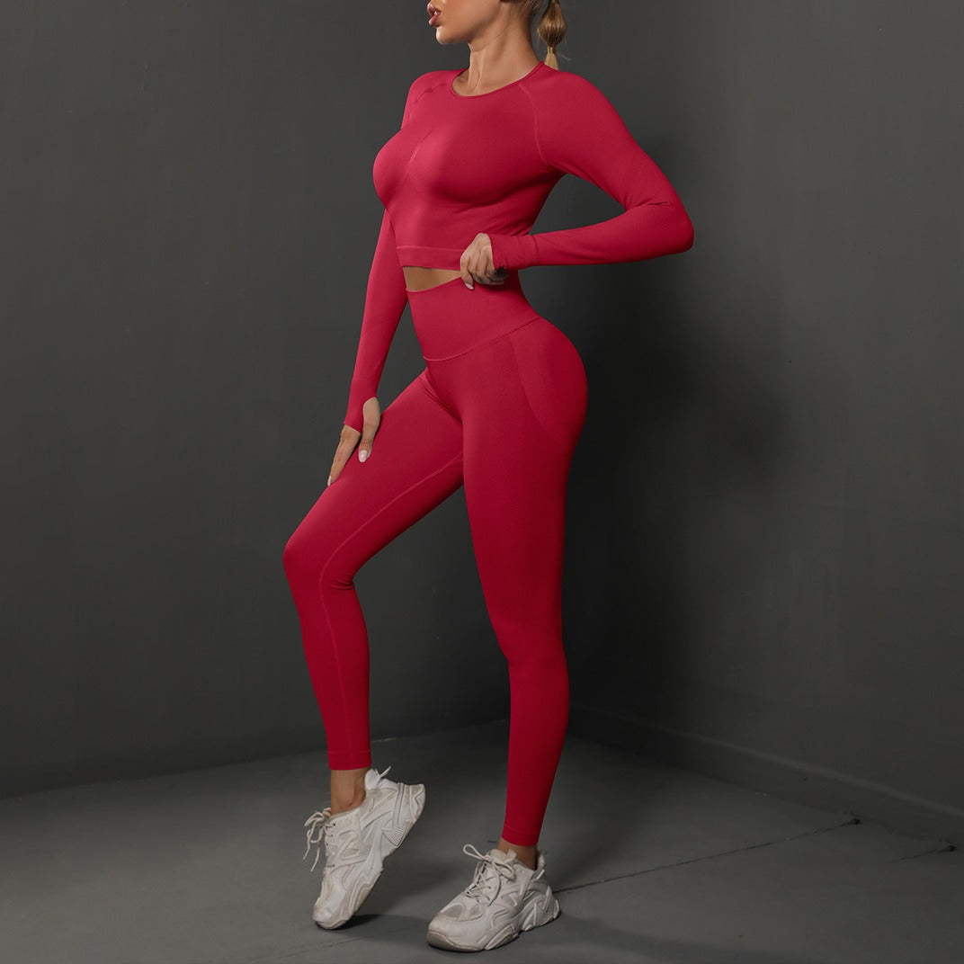 Seamless Long Sleeve Crop Top and Leggings Gym Set - Red