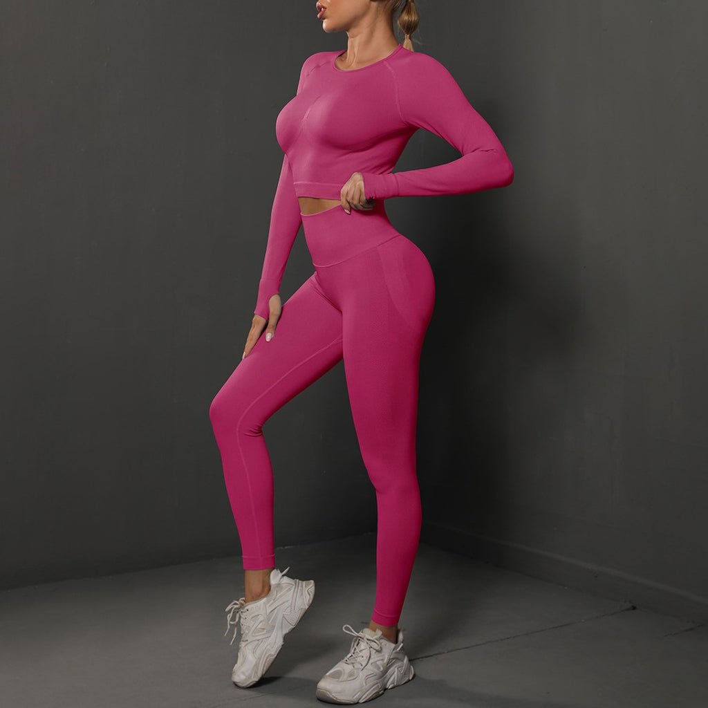 Seamless Long Sleeve Crop Top and Leggings Gym Set - Rose Red