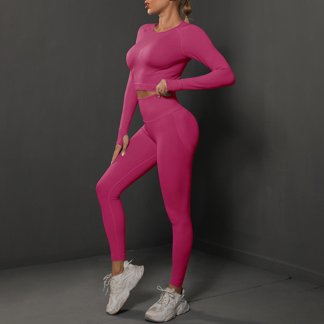 Seamless Long Sleeve Crop Top and Leggings Gym Set - Rose Red