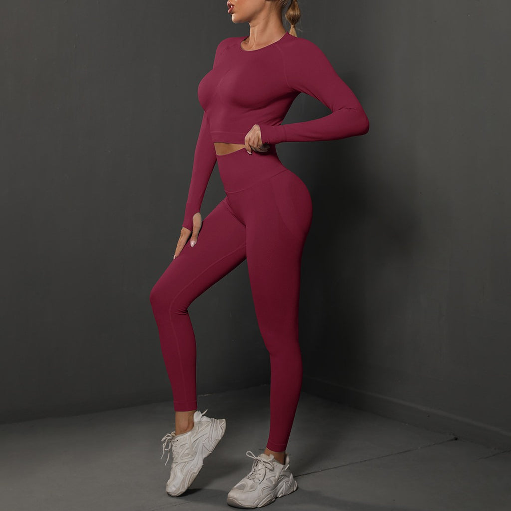 Seamless Long Sleeve Crop Top and Leggings Gym Set - Wine Red