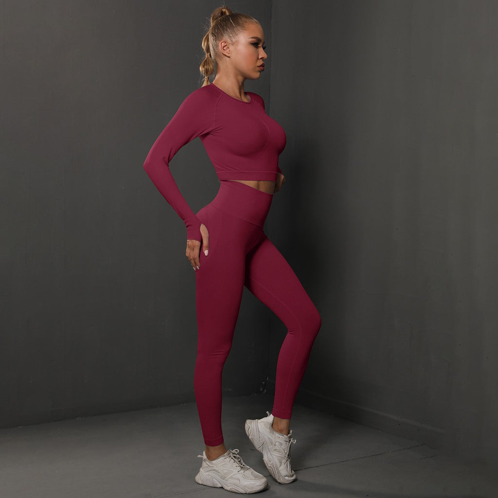 Seamless Long Sleeve Crop Top and Leggings Gym Set