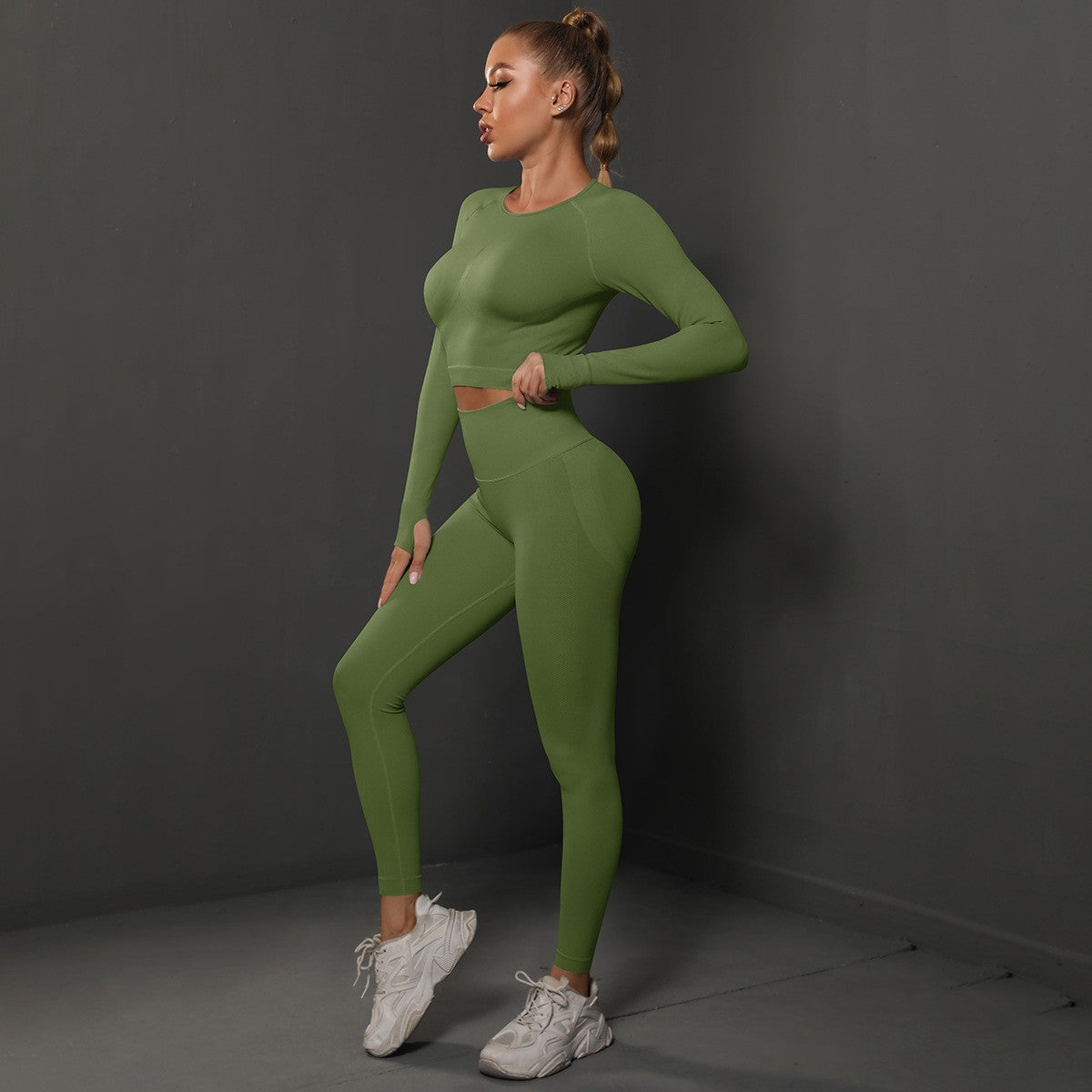 Seamless Long Sleeve Crop Top and Leggings Gym Set