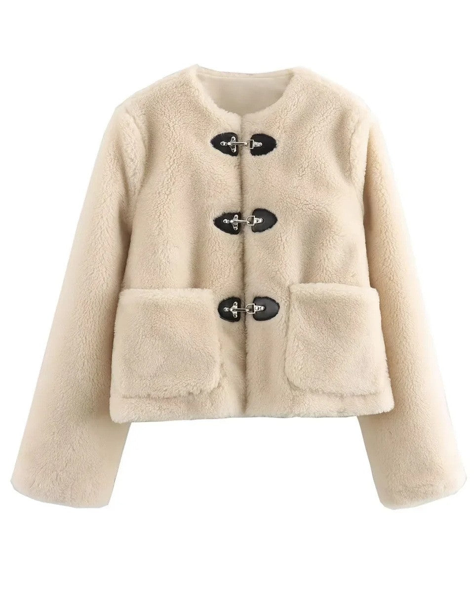 Cropped Teddy Fleece Toggle Front Jacket - Off-White - 1