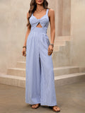 Twist Front Cutout Wide Leg Jumpsuit - Blue