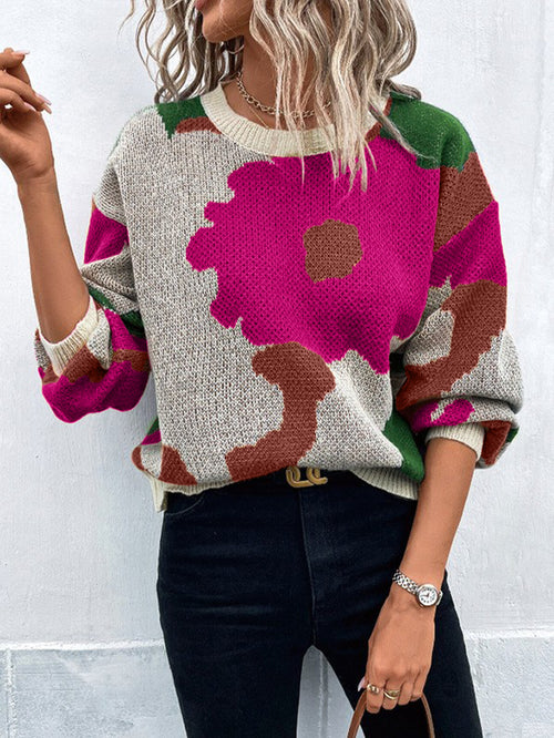 Abstract Bloom Jacquard Crewneck Sweater - Red