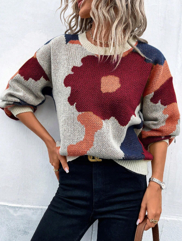 Abstract Bloom Jacquard Crewneck Sweater - Winered