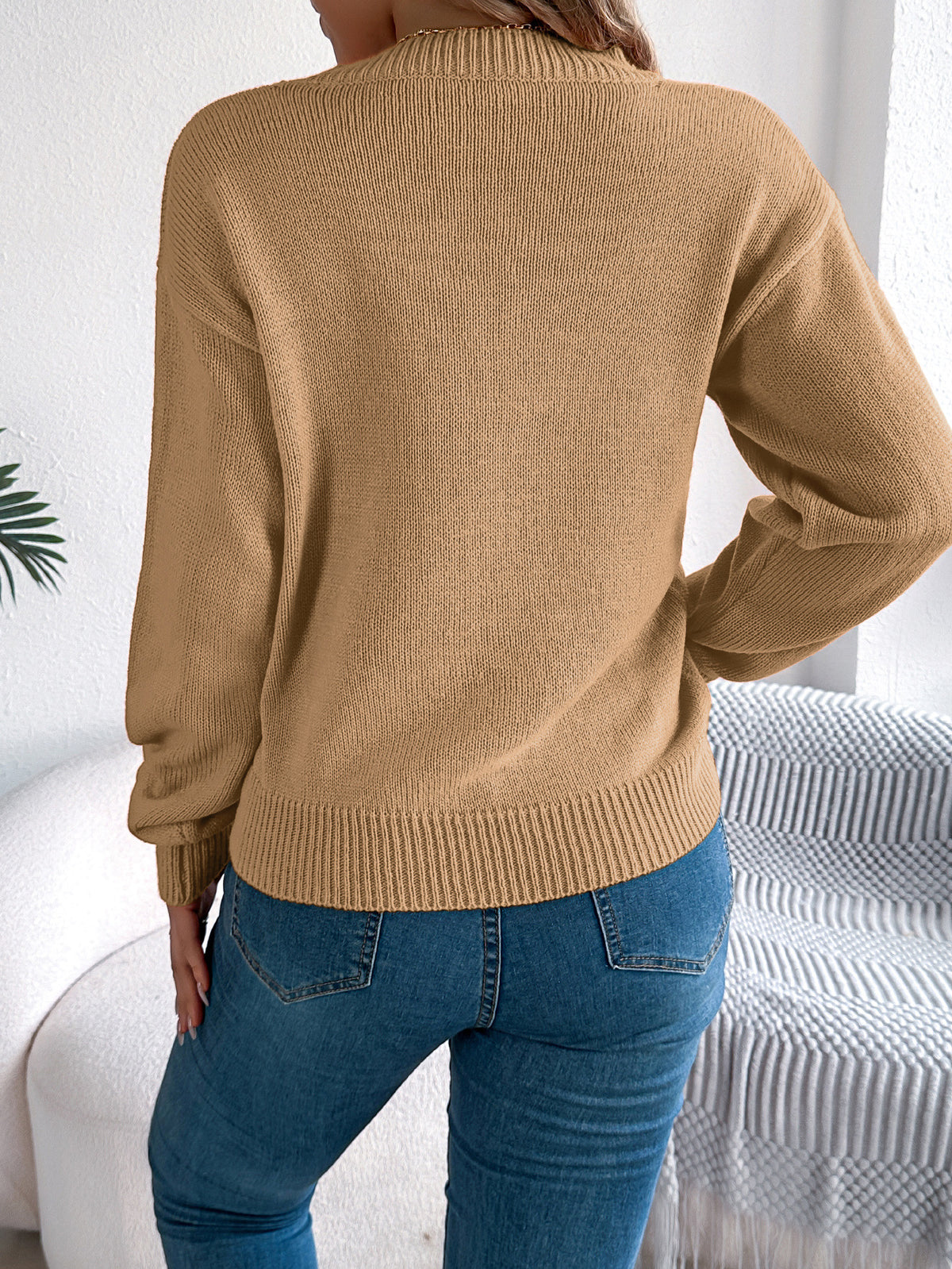Pointelle Knit Lantern Sleeve Pullover Sweater - Khaki