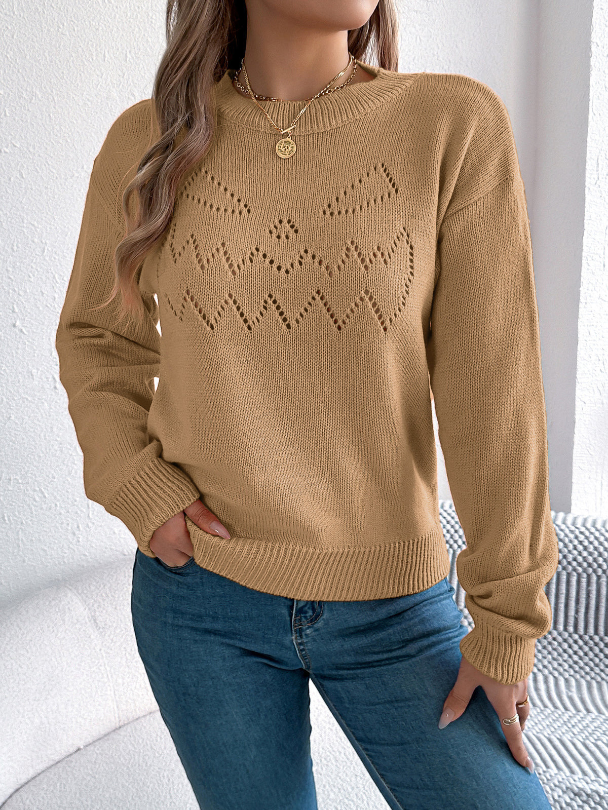Pointelle Knit Lantern Sleeve Pullover Sweater - Khaki - 1