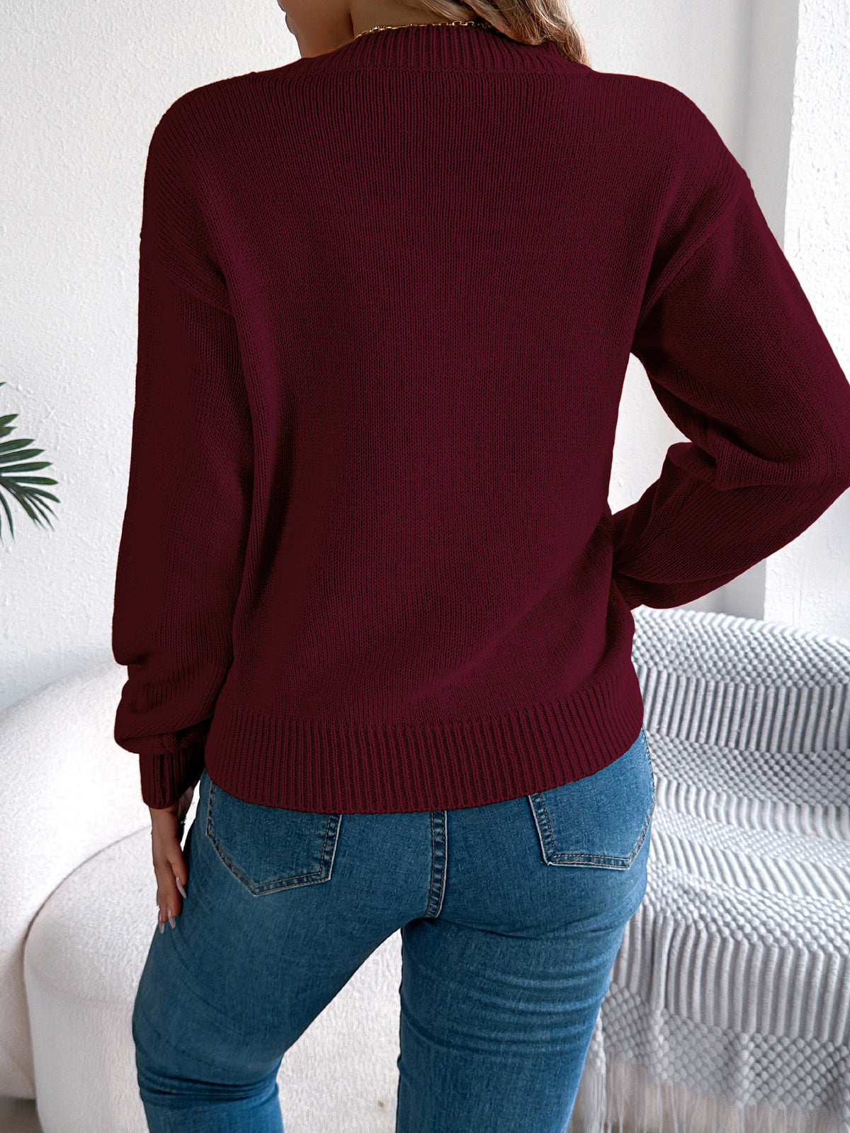 Pointelle Knit Lantern Sleeve Pullover Sweater - Winered - 1