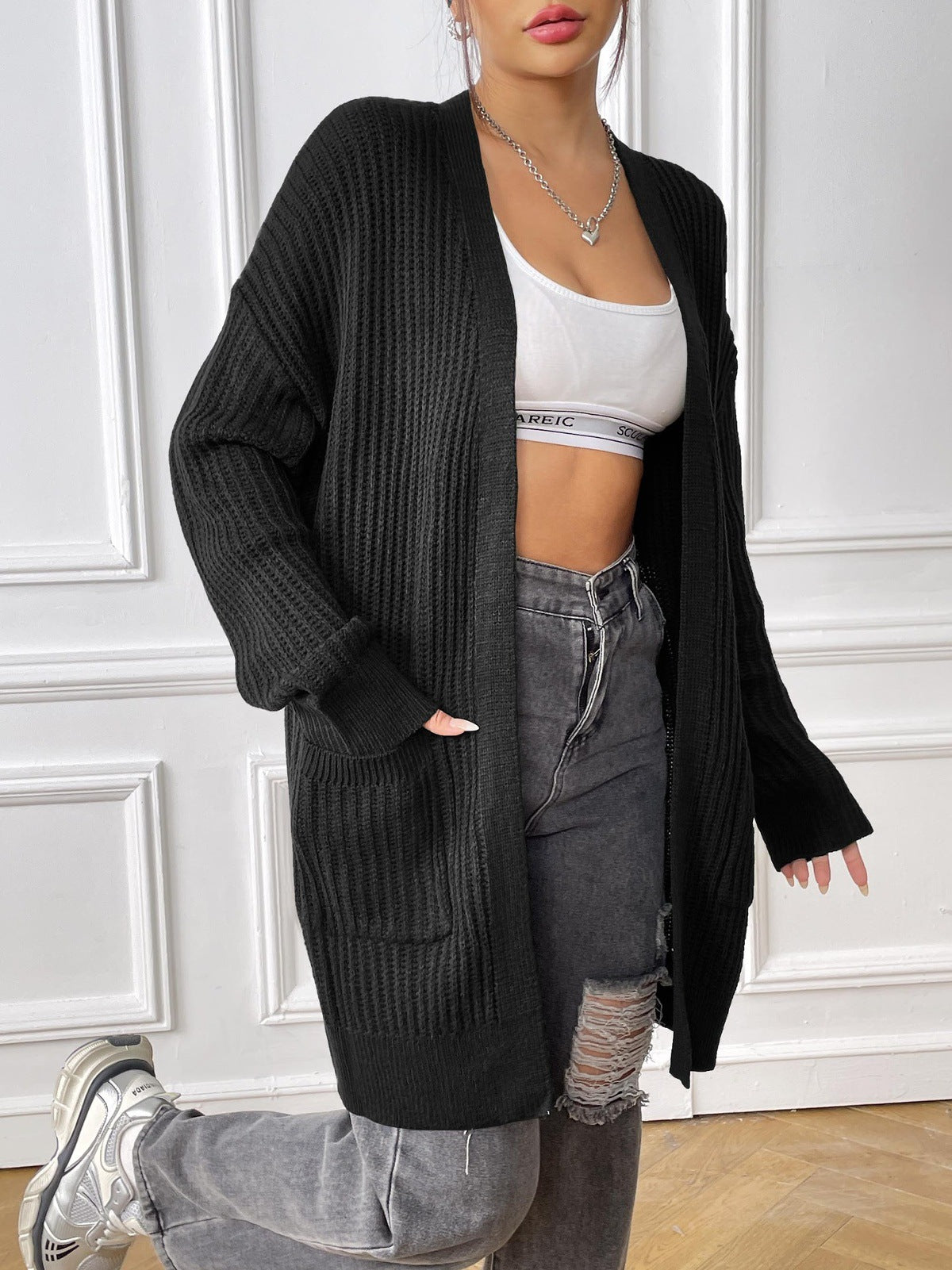 Ribbed Open Front Pocket Cardigan - Black