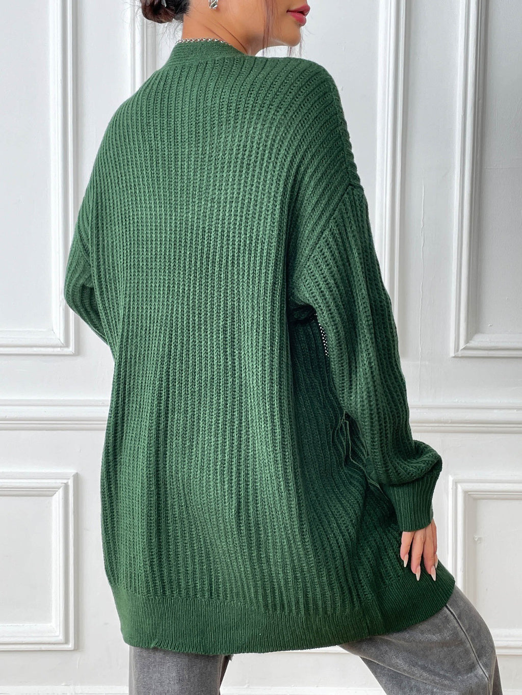 Ribbed Open Front Pocket Cardigan - Green - 1