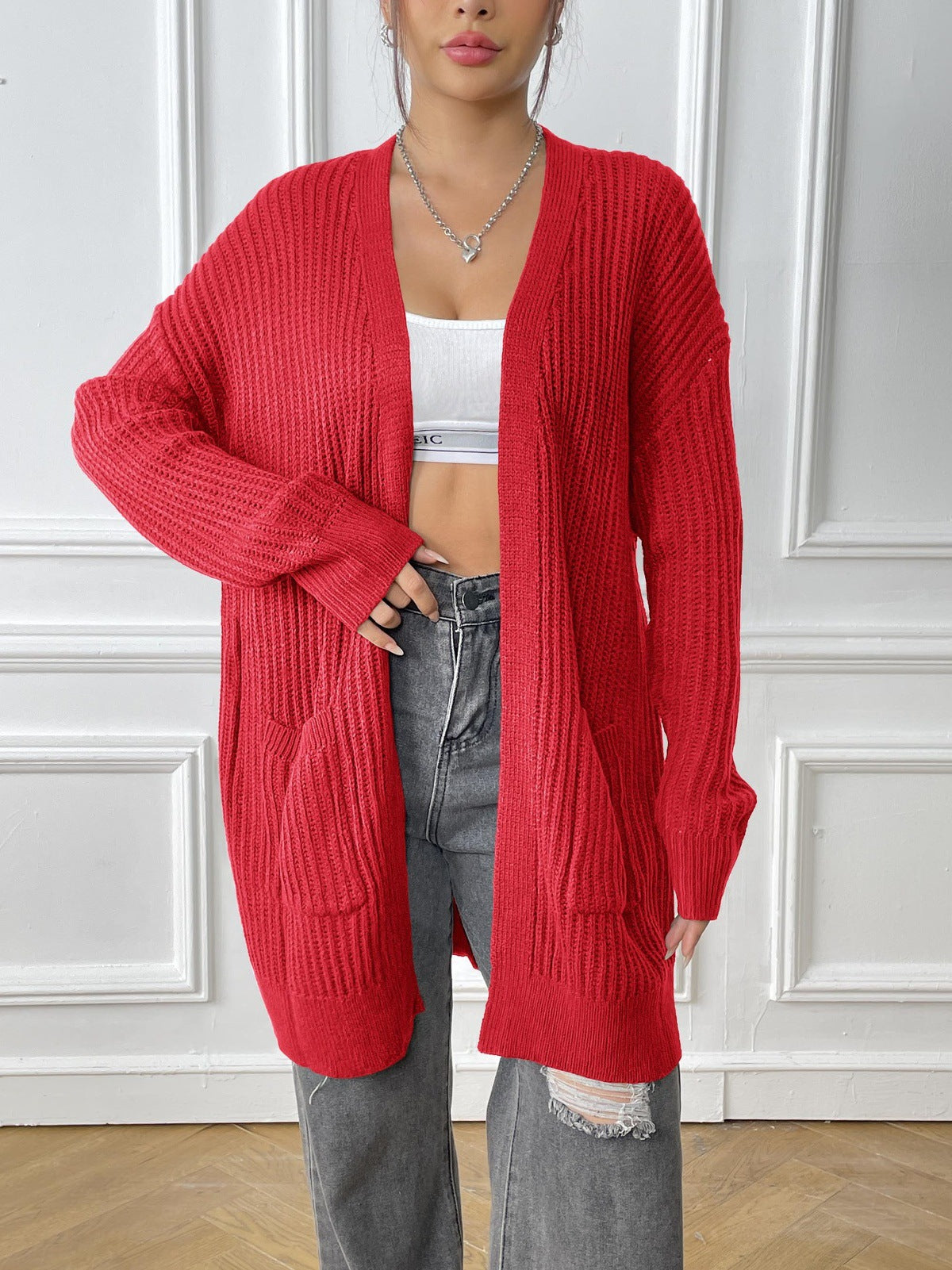 Ribbed Open Front Pocket Cardigan - Red