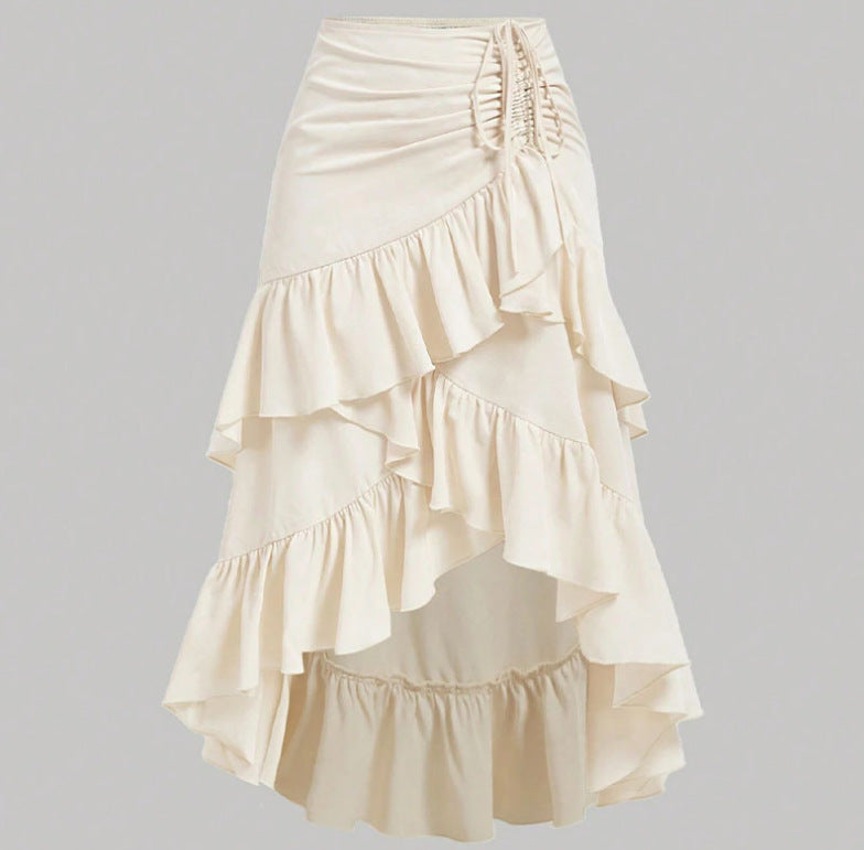 Tiered Ruffle Wrap Skirt With Drawstring Side - Apricot