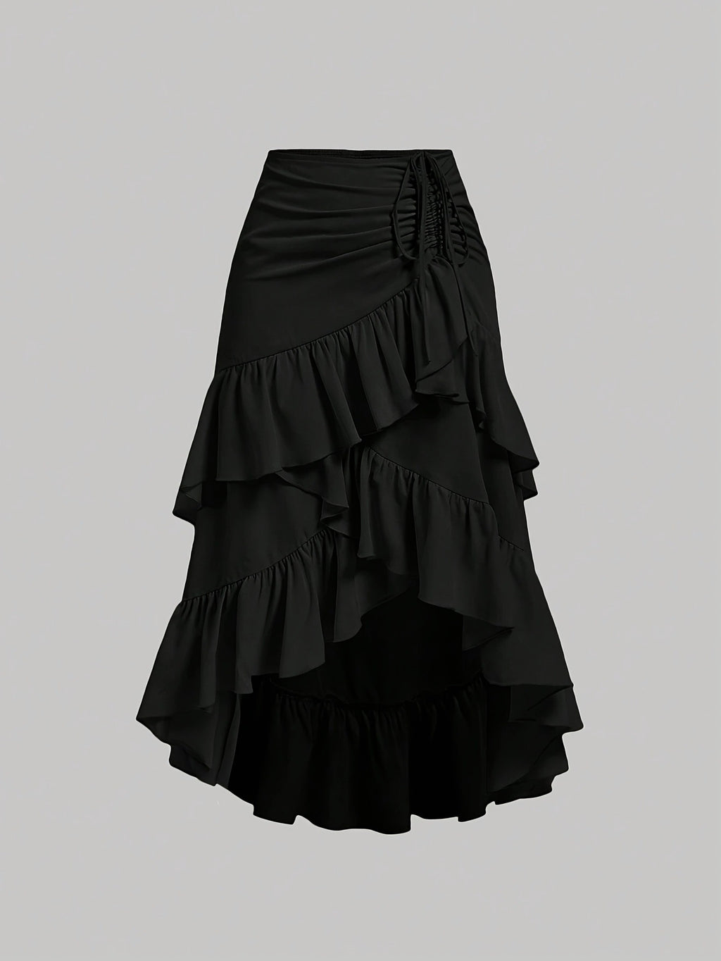 Tiered Ruffle Wrap Skirt With Drawstring Side - Black