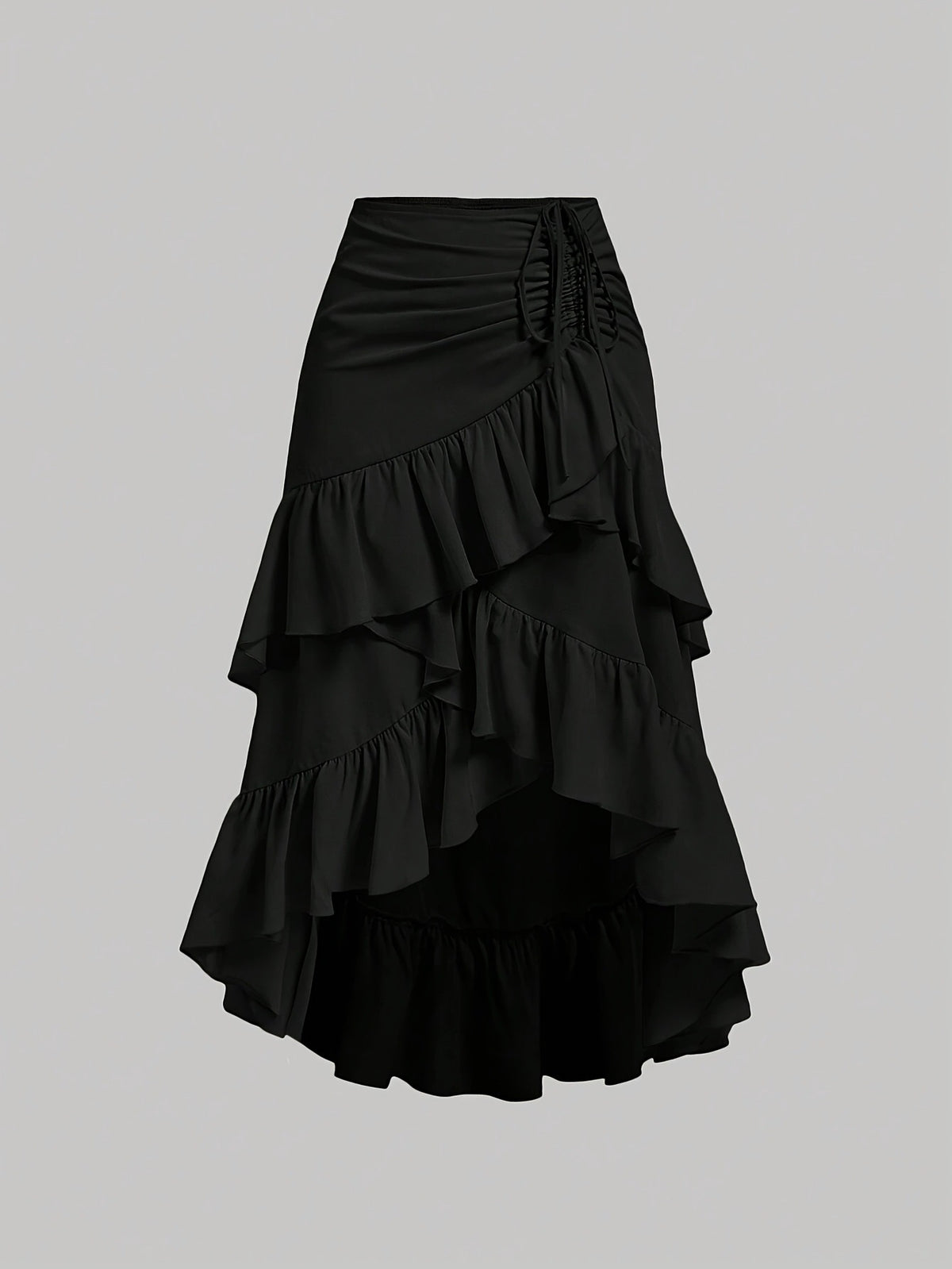 Tiered Ruffle Wrap Skirt With Drawstring Side - Black