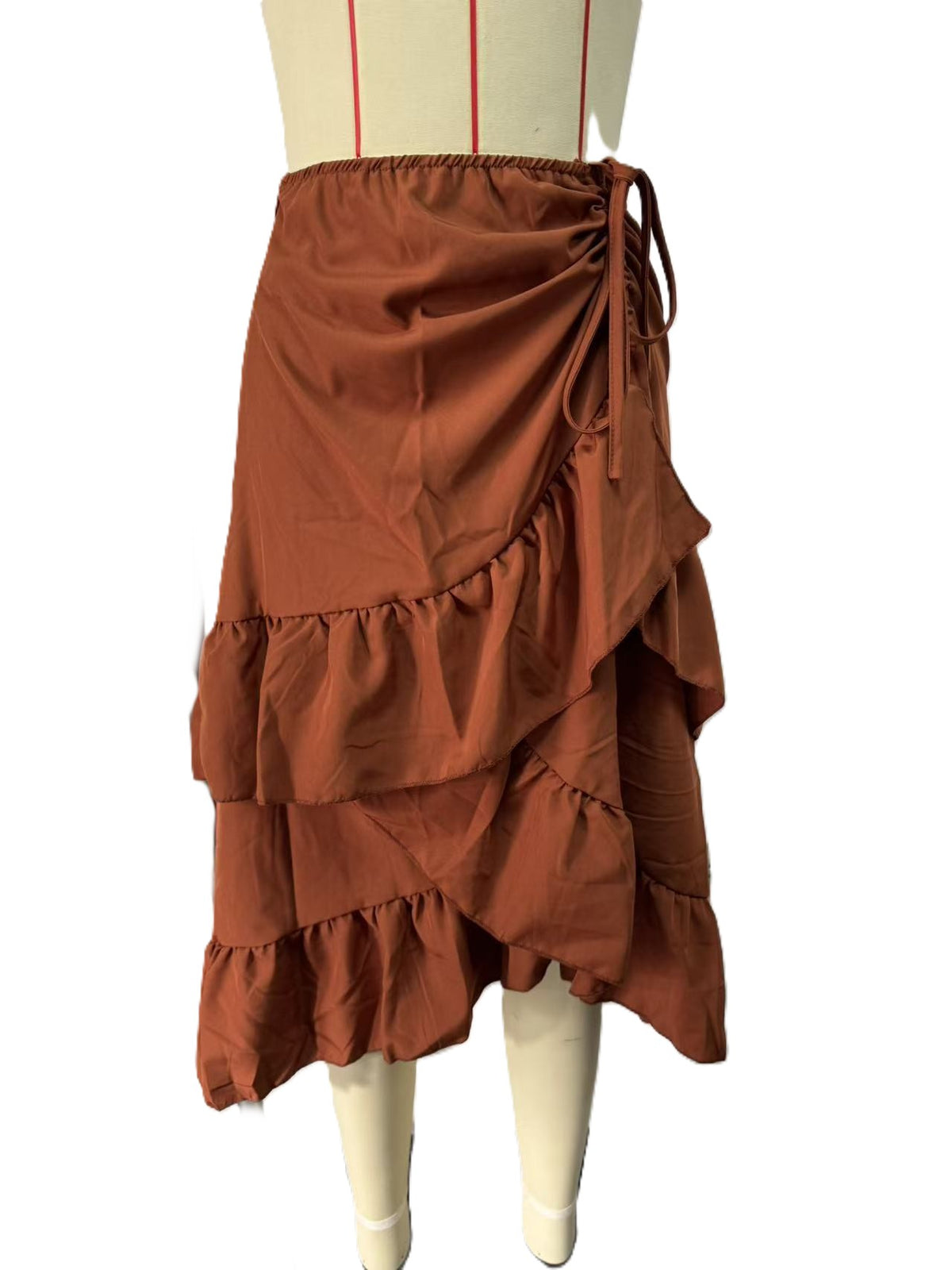Tiered Ruffle Wrap Skirt With Drawstring Side - Brown - 1