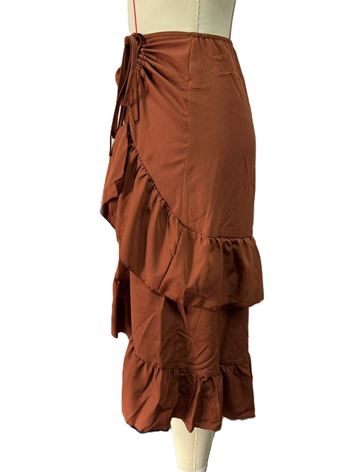 Tiered Ruffle Wrap Skirt With Drawstring Side - Brown - 3