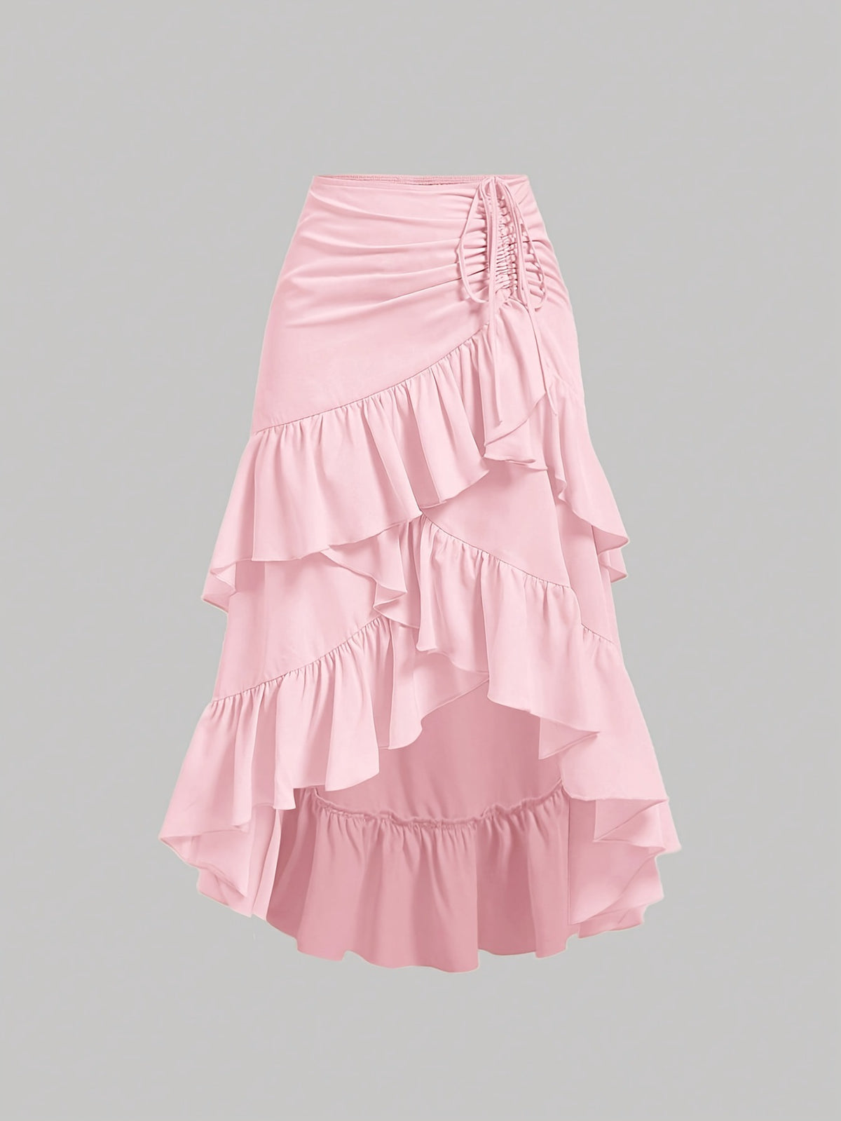 Tiered Ruffle Wrap Skirt With Drawstring Side - Pink