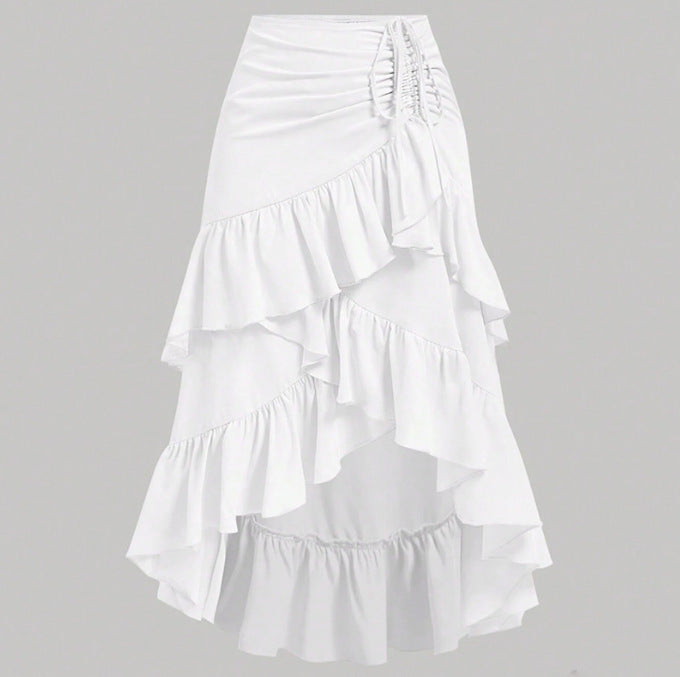Tiered Ruffle Wrap Skirt With Drawstring Side - White