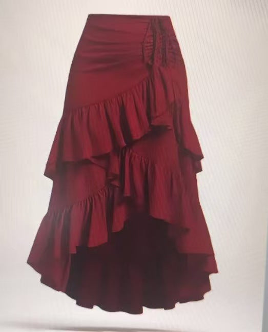 Tiered Ruffle Wrap Skirt With Drawstring Side - Winered
