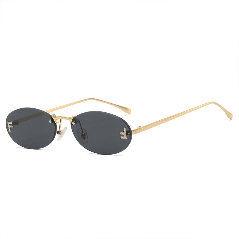 Rimless Oval Metal Frame Sunglasses - C1