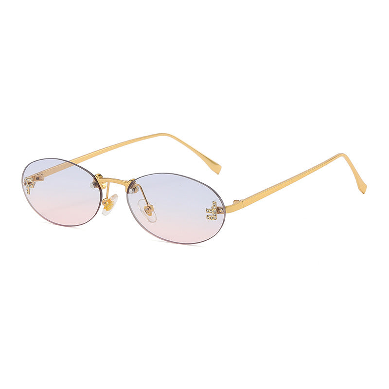 Rimless Oval Metal Frame Sunglasses - C12