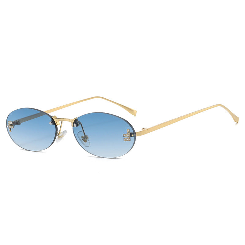 Rimless Oval Metal Frame Sunglasses - C2