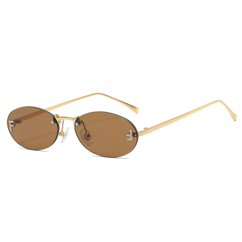 Rimless Oval Metal Frame Sunglasses - C3