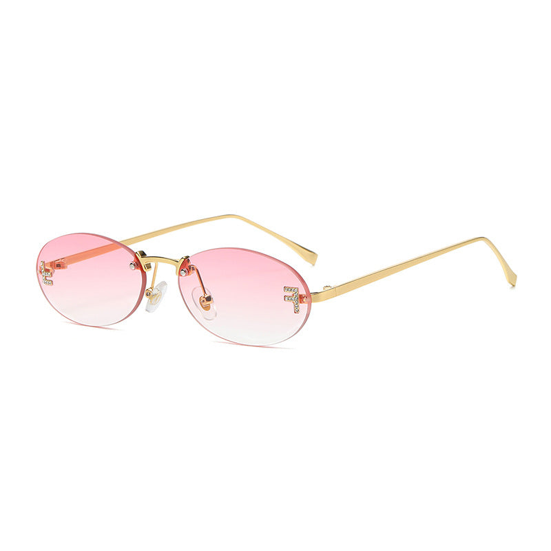 Rimless Oval Metal Frame Sunglasses - C7