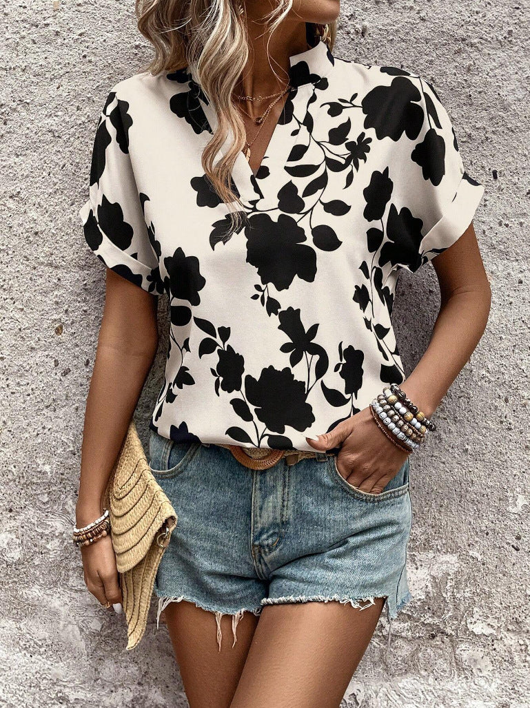 Bold Floral Notch Neck Dolman Sleeve Blouse - Black