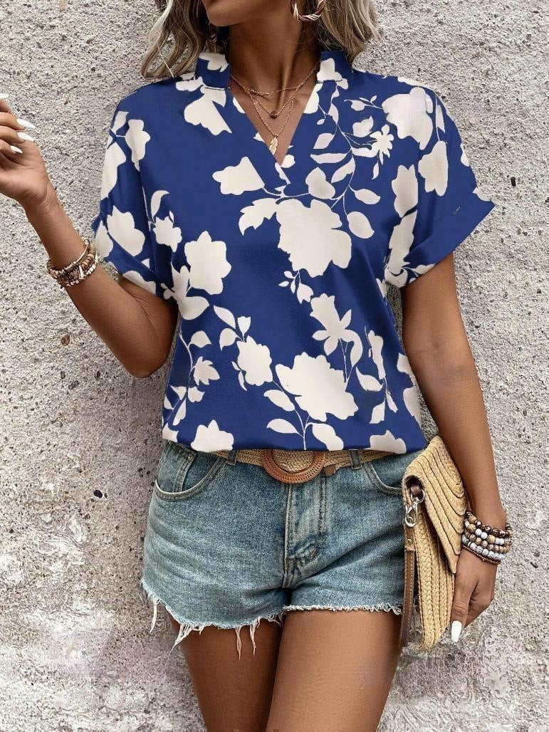 Bold Floral Notch Neck Dolman Sleeve Blouse - Blue_W