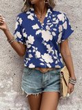 Bold Floral Notch Neck Dolman Sleeve Blouse - Blue_W