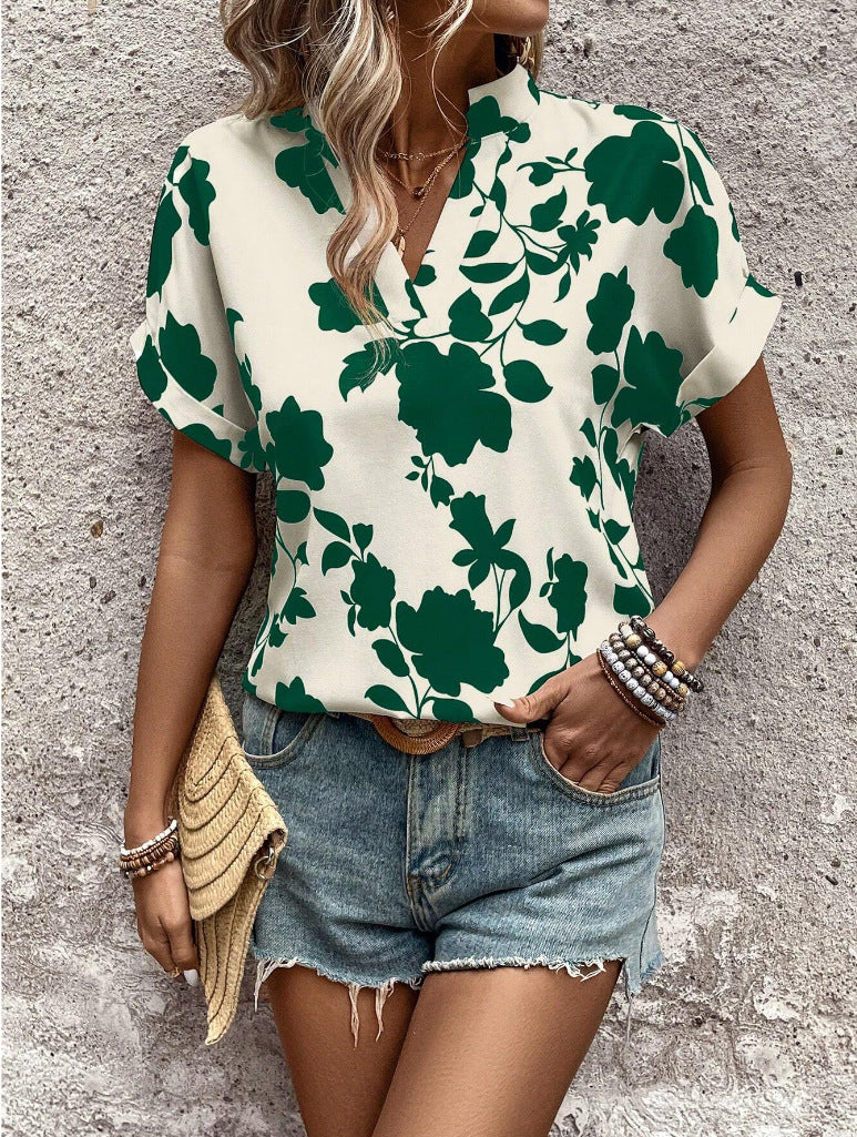 Bold Floral Notch Neck Dolman Sleeve Blouse - Green