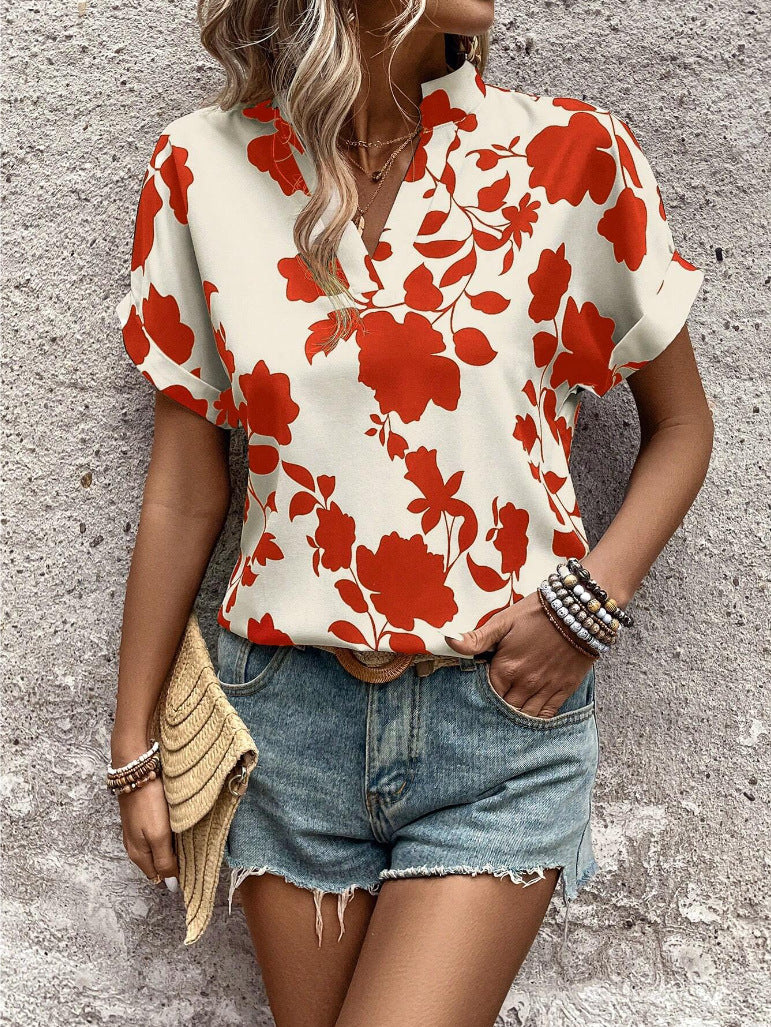 Bold Floral Notch Neck Dolman Sleeve Blouse - Red - 1