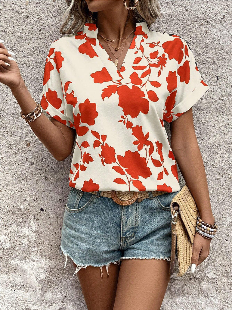 Bold Floral Notch Neck Dolman Sleeve Blouse - Red - 2