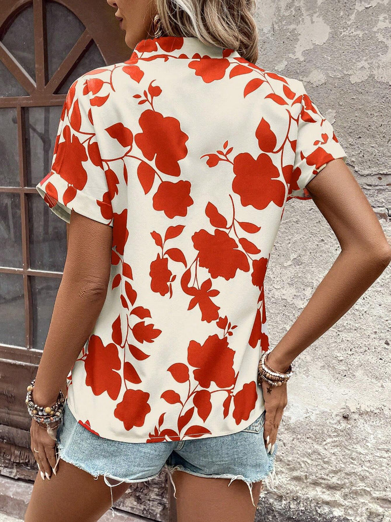 Bold Floral Notch Neck Dolman Sleeve Blouse - Red - 5