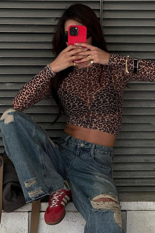 Leopard Mesh Long Sleeve Top - Leopard - 4